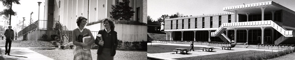 Black and white image of students walking on campus and old building image.